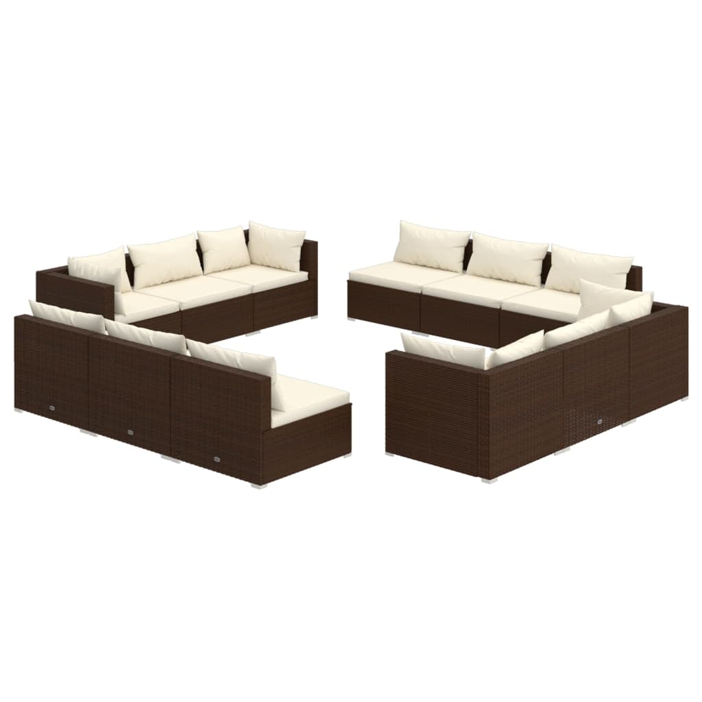 12-Delige Loungeset Met Kussens Poly Rattan Bruin Bruin en crème 4x hoek + 8x midden