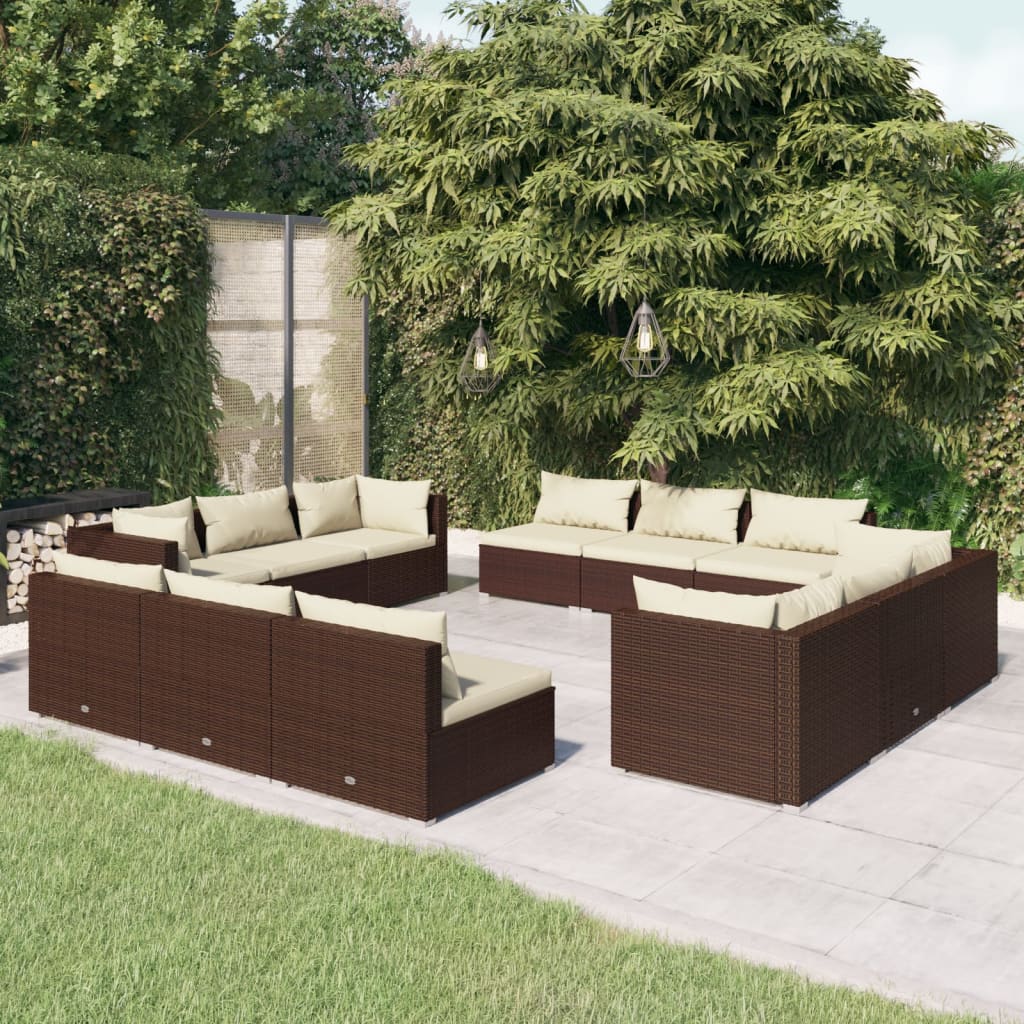 12-Delige Loungeset Met Kussens Poly Rattan Bruin Bruin en crème 4x hoek + 8x midden