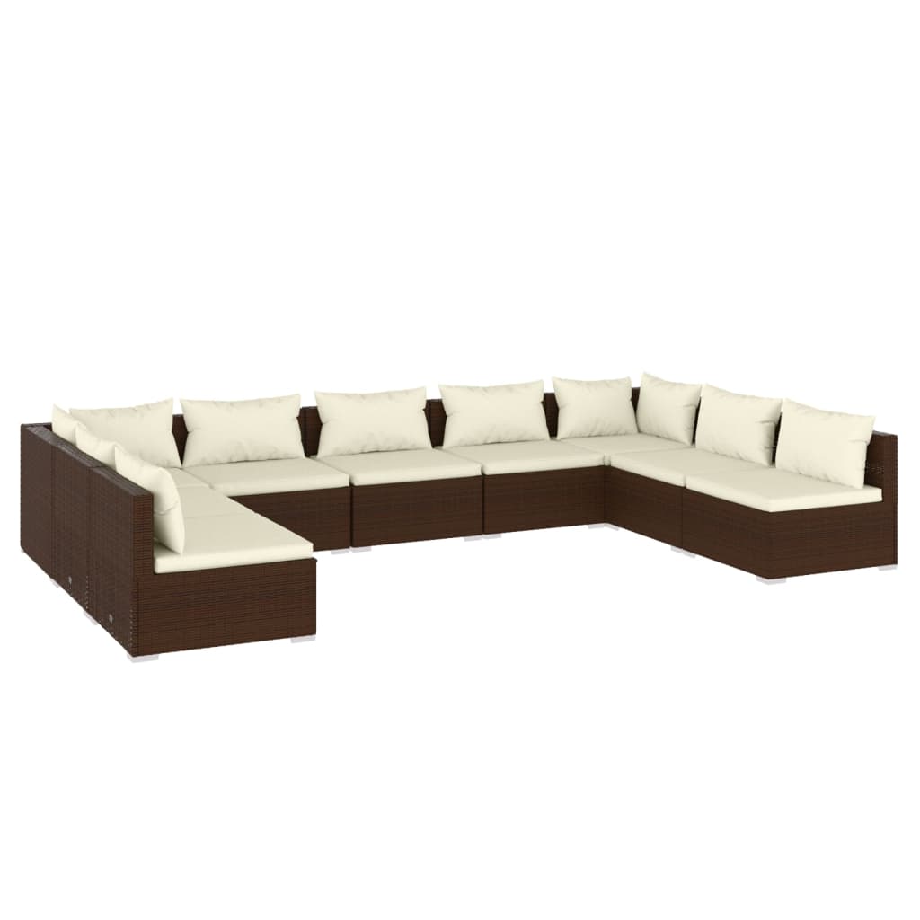 9-Delige Loungeset Met Kussens Poly Rattan Bruin 1 Bruin en crème 2x hoek + 7x midden