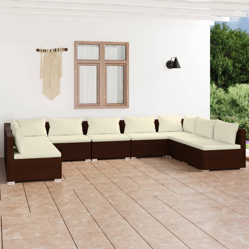 9-Delige Loungeset Met Kussens Poly Rattan Bruin 1 Bruin en crème 2x hoek + 7x midden