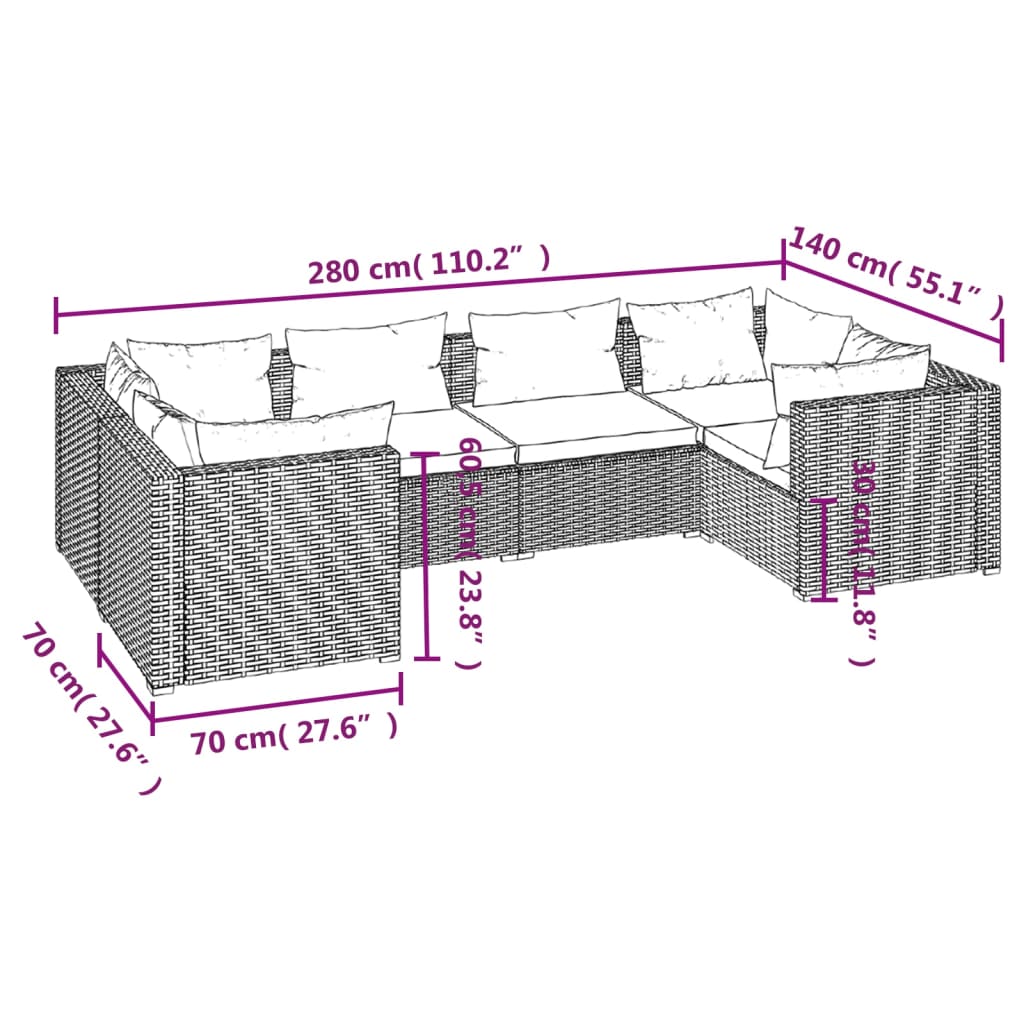 6-Delige Loungeset Met Kussens Poly Rattan Zwart 1 Zwart en crème 4x hoek + 2x midden