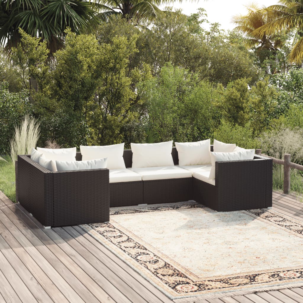 6-Delige Loungeset Met Kussens Poly Rattan Zwart 1 Zwart en crème 4x hoek + 2x midden