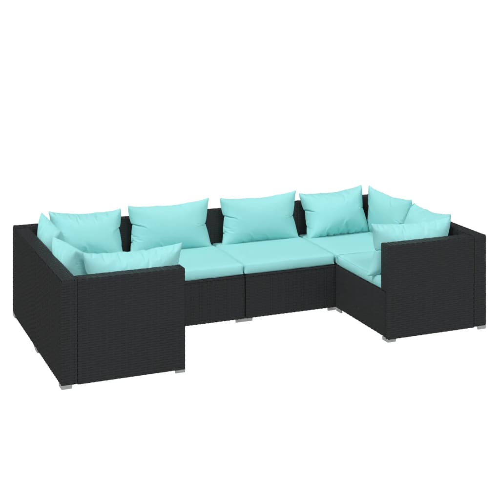 6-Delige Loungeset Met Kussens Poly Rattan Zwart 1 Zwart en blauw 4x hoek + 2x midden