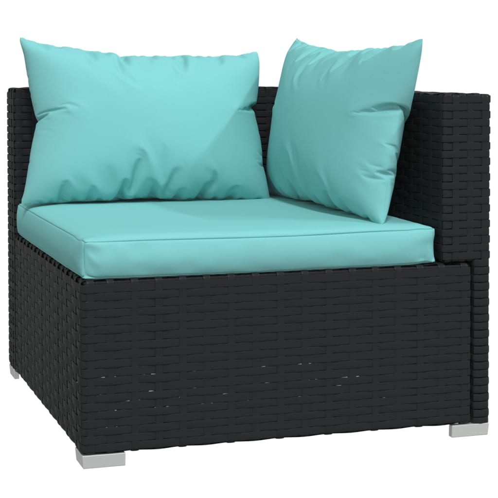 6-Delige Loungeset Met Kussens Poly Rattan Zwart 1 Zwart en blauw 4x hoek + 2x midden