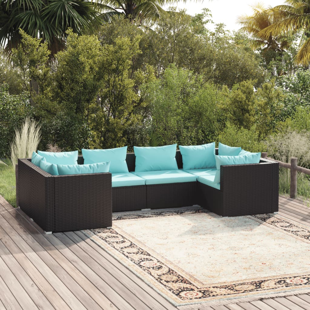 6-Delige Loungeset Met Kussens Poly Rattan Zwart 1 Zwart en blauw 4x hoek + 2x midden