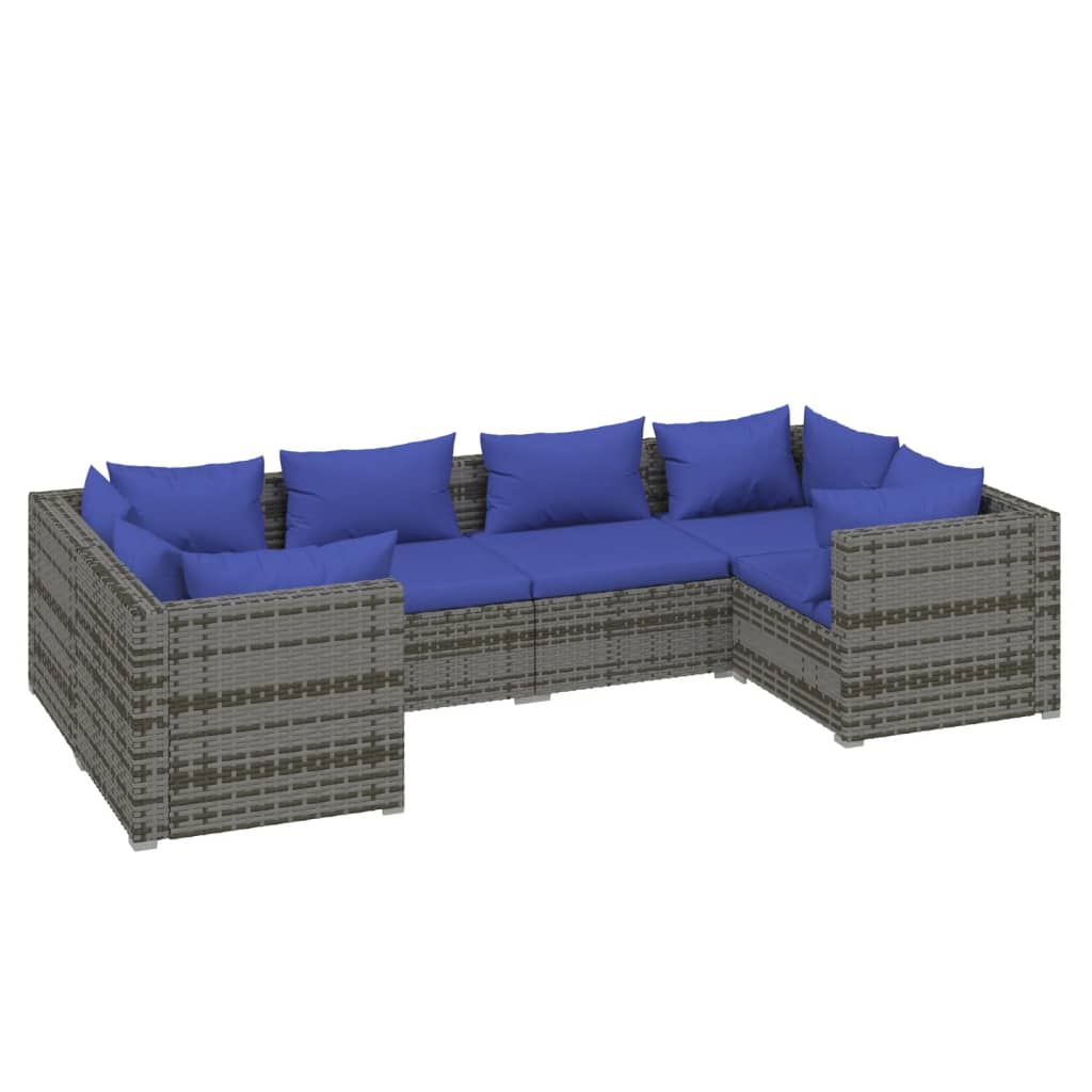 6-Delige Loungeset Met Kussens Poly Rattan Grijs 1 Grijs en donkerblauw 4x hoek + 2x midden