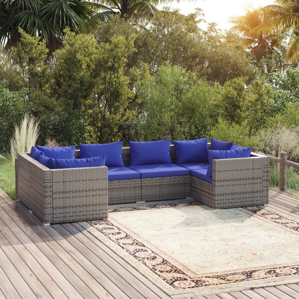 6-Delige Loungeset Met Kussens Poly Rattan Grijs 1 Grijs en donkerblauw 4x hoek + 2x midden