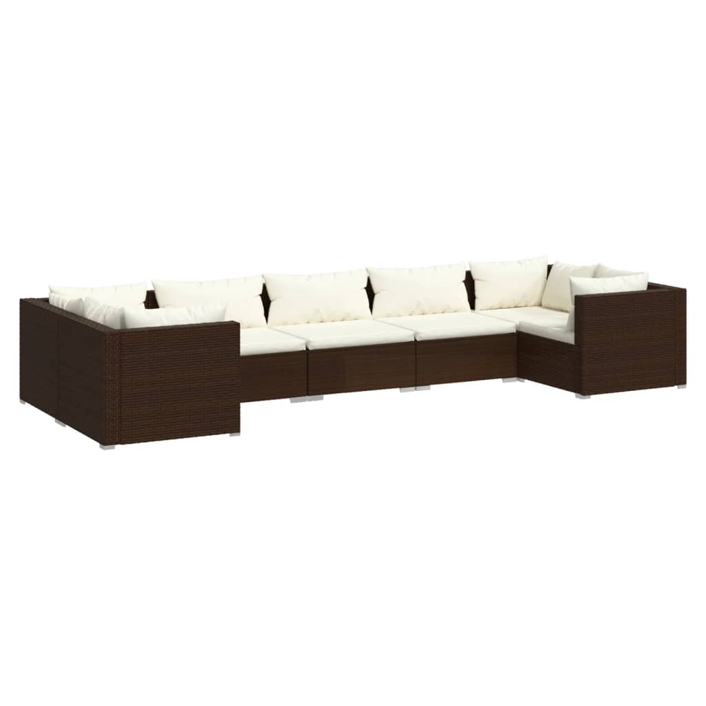 7-Delige Loungeset Met Kussens Poly Rattan Bruin 1 Bruin en crème 4x hoek + 3x midden