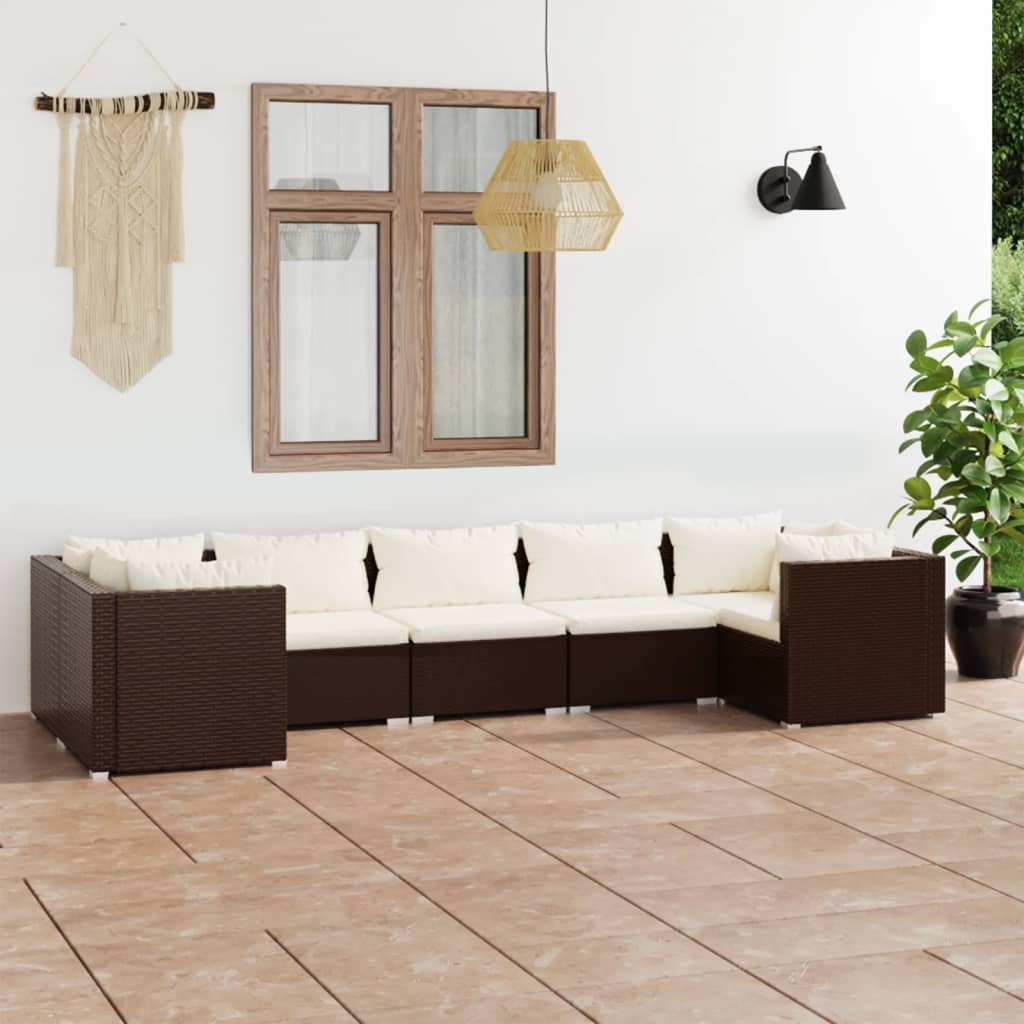 7-Delige Loungeset Met Kussens Poly Rattan Bruin 1 Bruin en crème 4x hoek + 3x midden