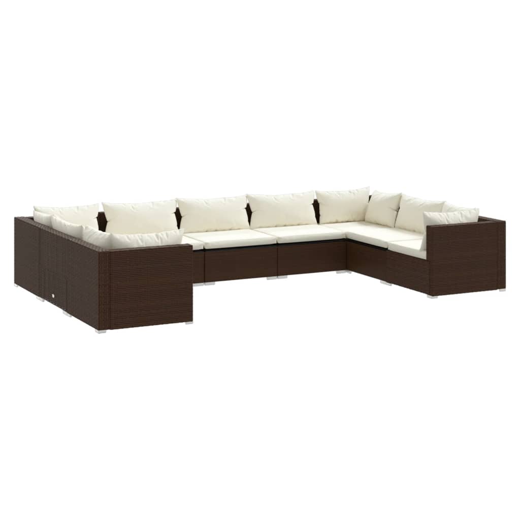 9-Delige Loungeset Met Kussens Poly Rattan Bruin 1 Bruin en crème 4x hoek + 5x midden