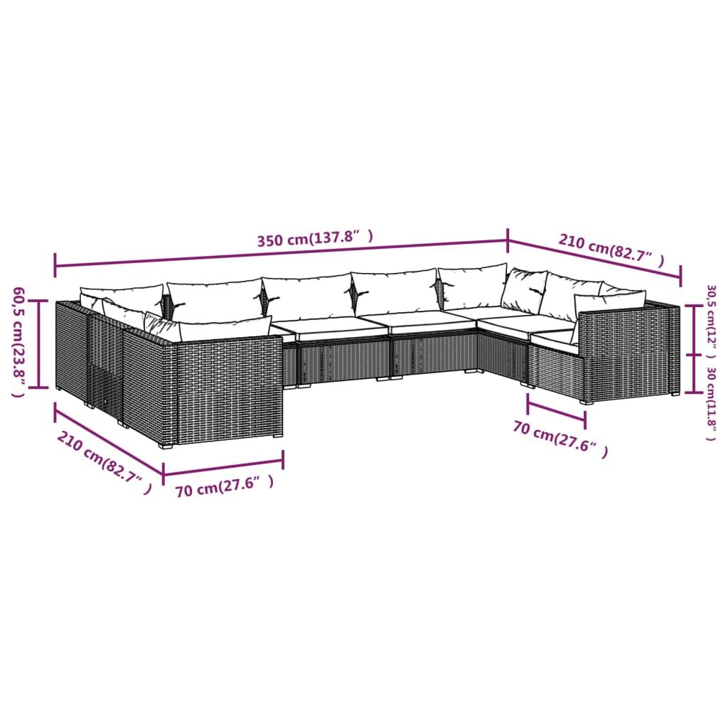 9-Delige Loungeset Met Kussens Poly Rattan Bruin 1 Bruin en crème 4x hoek + 5x midden