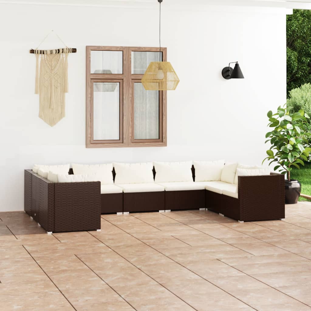 9-Delige Loungeset Met Kussens Poly Rattan Bruin 1 Bruin en crème 4x hoek + 5x midden