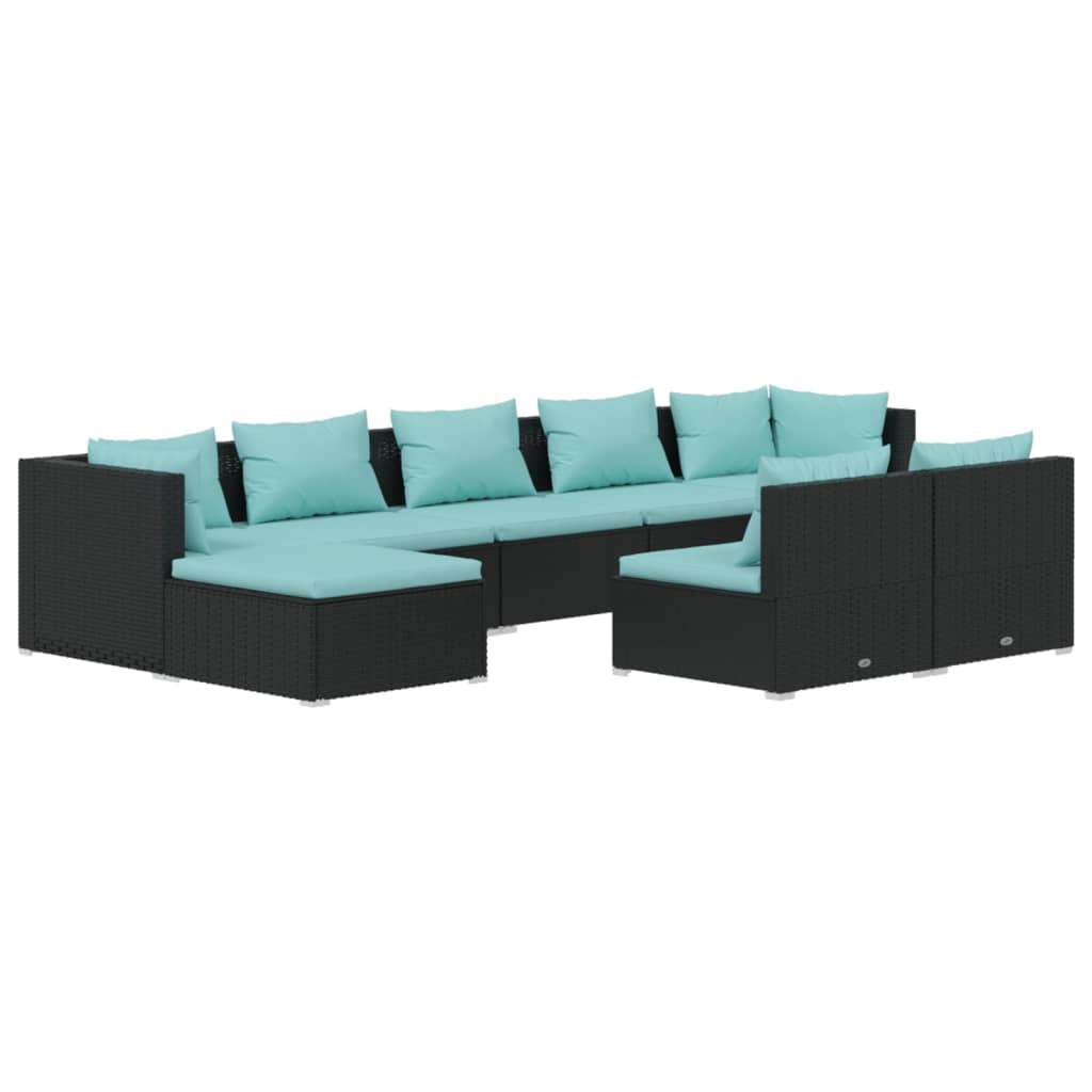 9-Delige Loungeset Met Kussens Poly Rattan Zwart 1 Zwart en waterblauw 2x hoek + 5x midden + 2x voetensteun