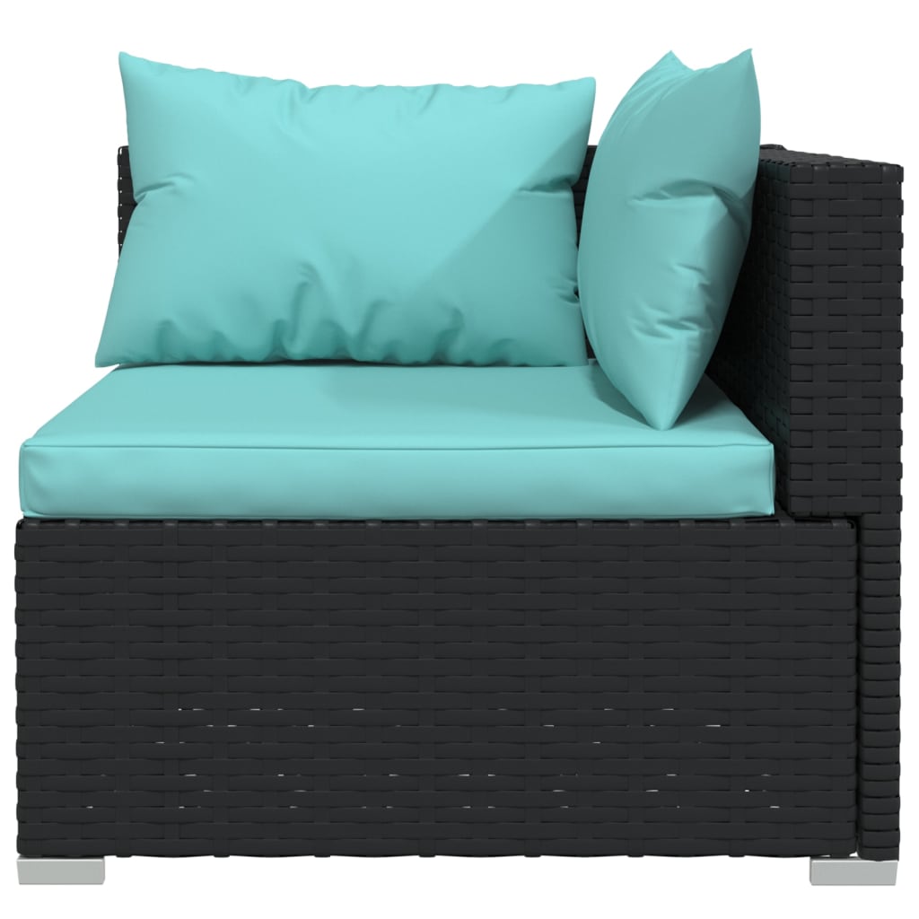 9-Delige Loungeset Met Kussens Poly Rattan Zwart 1 Zwart en waterblauw 2x hoek + 5x midden + 2x voetensteun