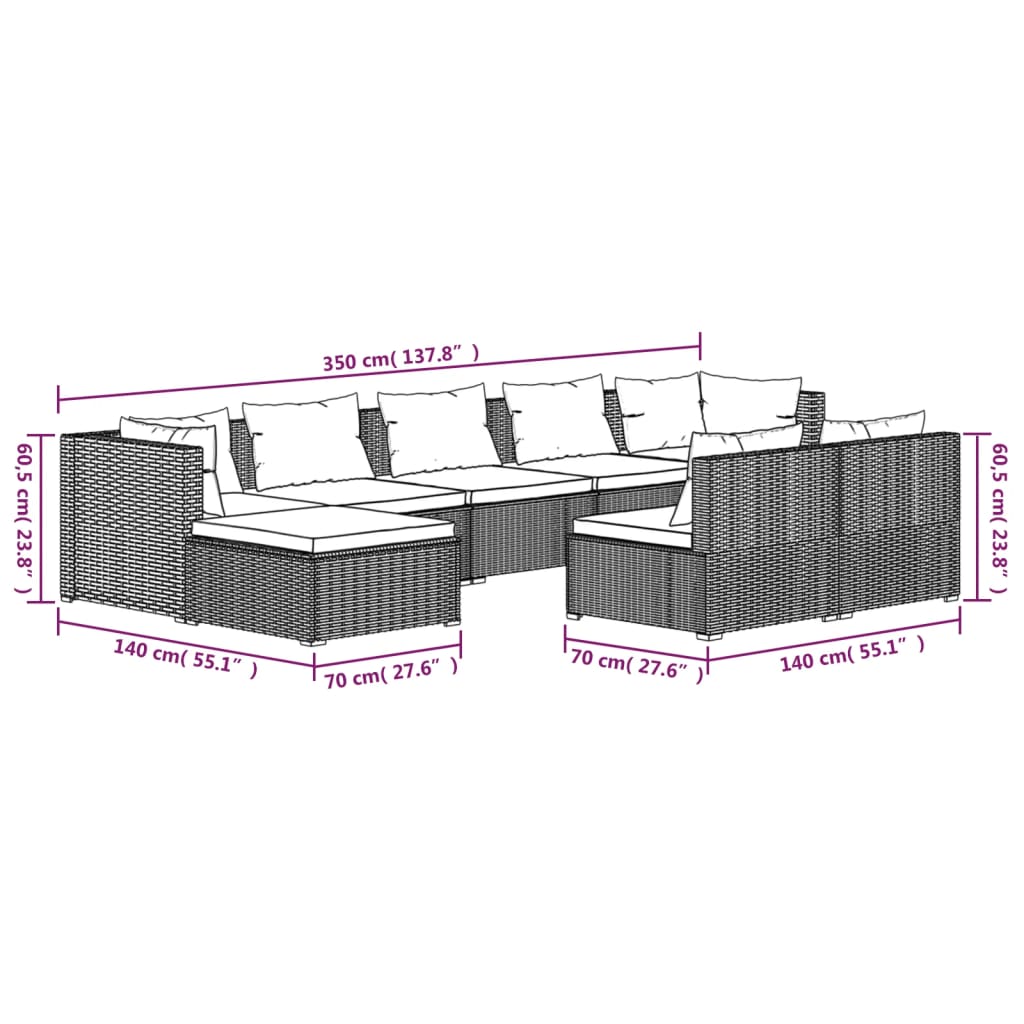 9-Delige Loungeset Met Kussens Poly Rattan Zwart 1 Zwart en waterblauw 2x hoek + 5x midden + 2x voetensteun