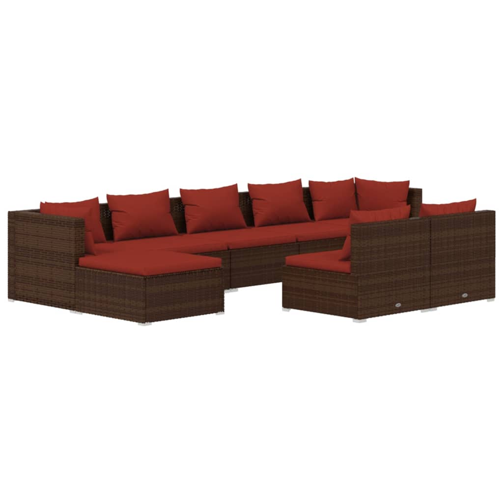 9-Delige Loungeset Met Kussens Poly Rattan Bruin 1 Bruin en kaneelrood 2x hoek + 5x midden + 2x voetensteun