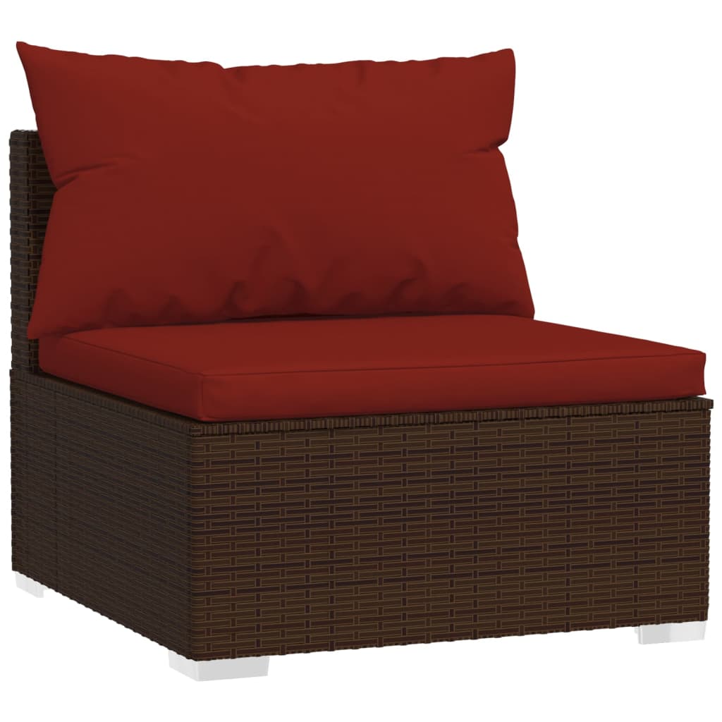 9-Delige Loungeset Met Kussens Poly Rattan Bruin 1 Bruin en kaneelrood 2x hoek + 5x midden + 2x voetensteun