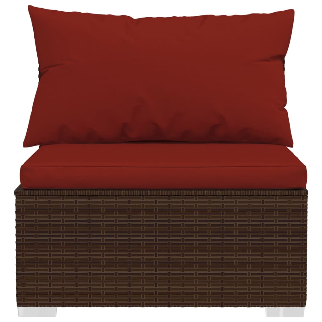9-Delige Loungeset Met Kussens Poly Rattan Bruin 1 Bruin en kaneelrood 2x hoek + 5x midden + 2x voetensteun