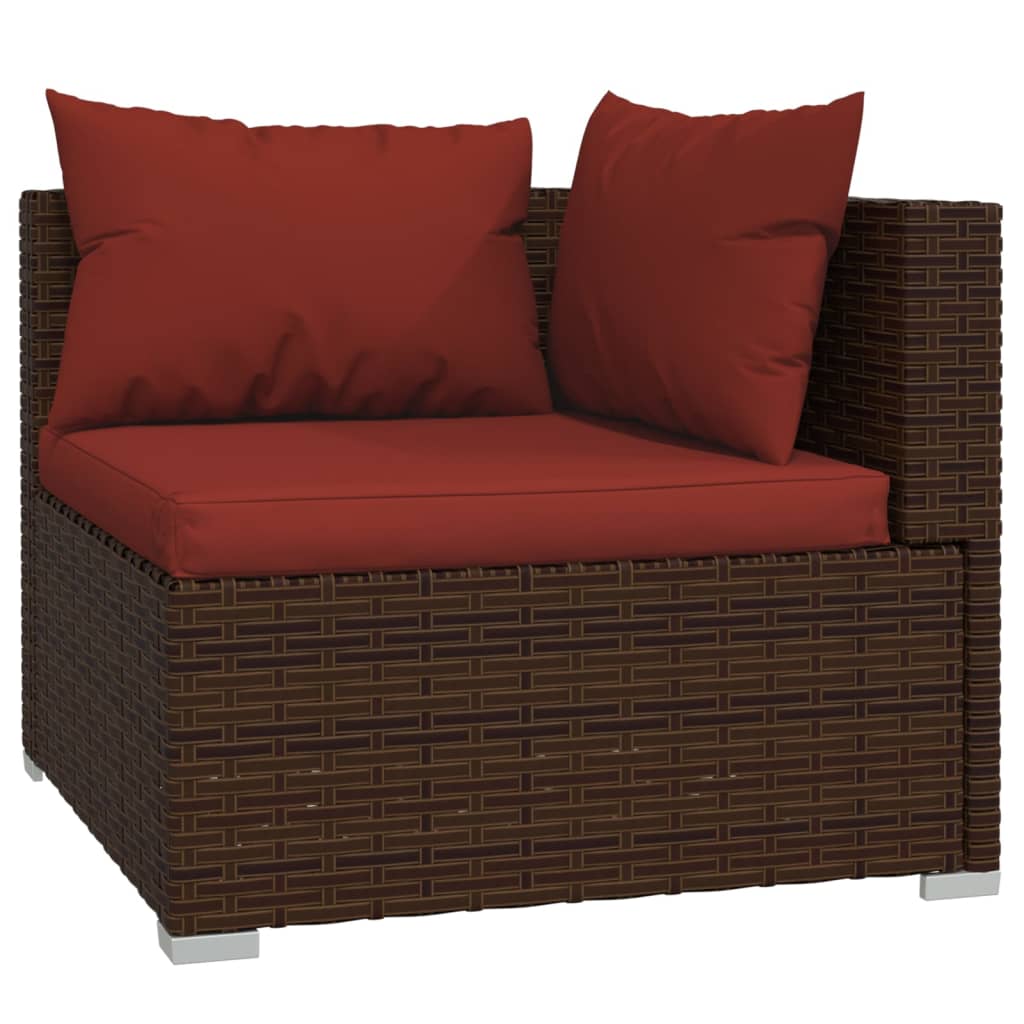 9-Delige Loungeset Met Kussens Poly Rattan Bruin 1 Bruin en kaneelrood 2x hoek + 5x midden + 2x voetensteun