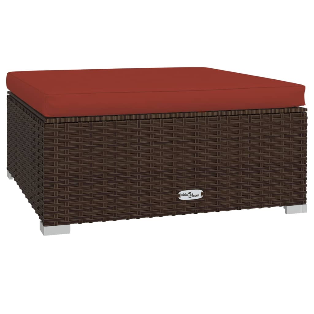 9-Delige Loungeset Met Kussens Poly Rattan Bruin 1 Bruin en kaneelrood 2x hoek + 5x midden + 2x voetensteun