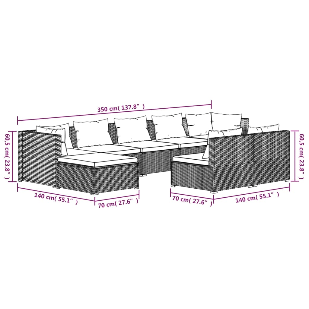 9-Delige Loungeset Met Kussens Poly Rattan Bruin 1 Bruin en kaneelrood 2x hoek + 5x midden + 2x voetensteun