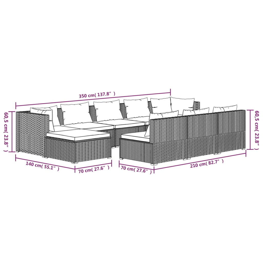 10-Delige Loungeset Met Kussens Poly Rattan Zwart Zwart en waterblauw 2x hoek + 6x midden + 2x voetensteun