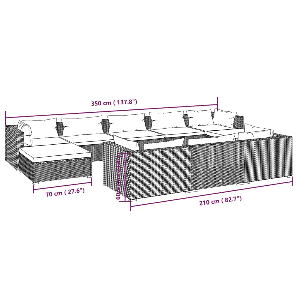 10-Delige Loungeset Met Kussens Poly Rattan Zwart Zwart en waterblauw 4x hoek + 4x midden + 2x voetensteun