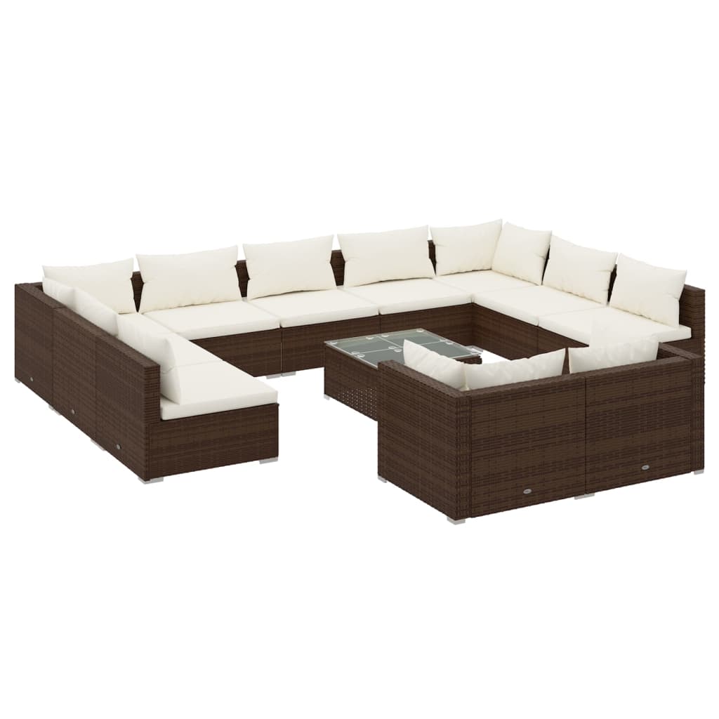 12-Delige Loungeset Met Kussens Poly Rattan Bruin Bruin en crème 4x hoek + 7x midden + Tafel