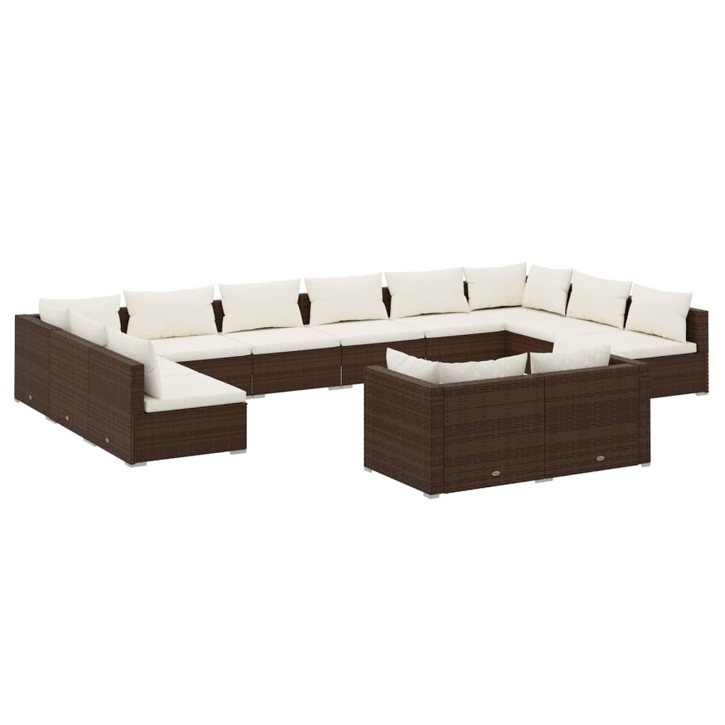 12-Delige Loungeset Met Kussens Poly Rattan Bruin Bruin en crème 4x hoek + 8x midden