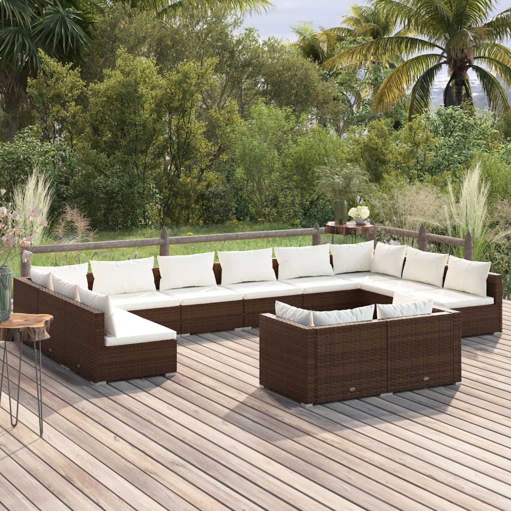 12-Delige Loungeset Met Kussens Poly Rattan Bruin Bruin en crème 4x hoek + 8x midden