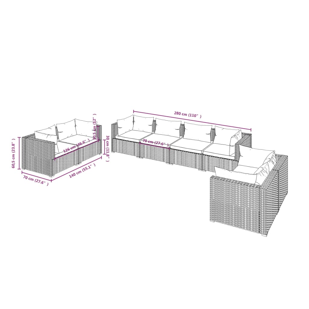 8-Delige Loungeset Met Kussens Poly Rattan Zwart 1 Zwart en crème 6x hoek + 2x midden