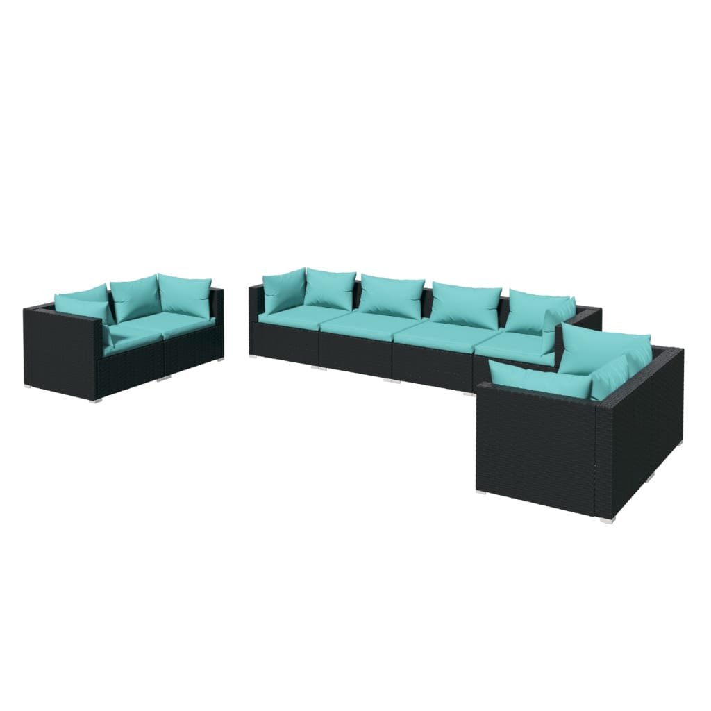 8-Delige Loungeset Met Kussens Poly Rattan Zwart 1 Zwart en waterblauw 6x hoek + 2x midden