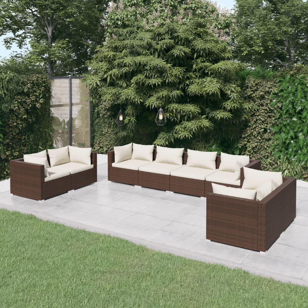 8-Delige Loungeset Met Kussens Poly Rattan Bruin 1 Bruin en crème 6x hoek + 2x midden