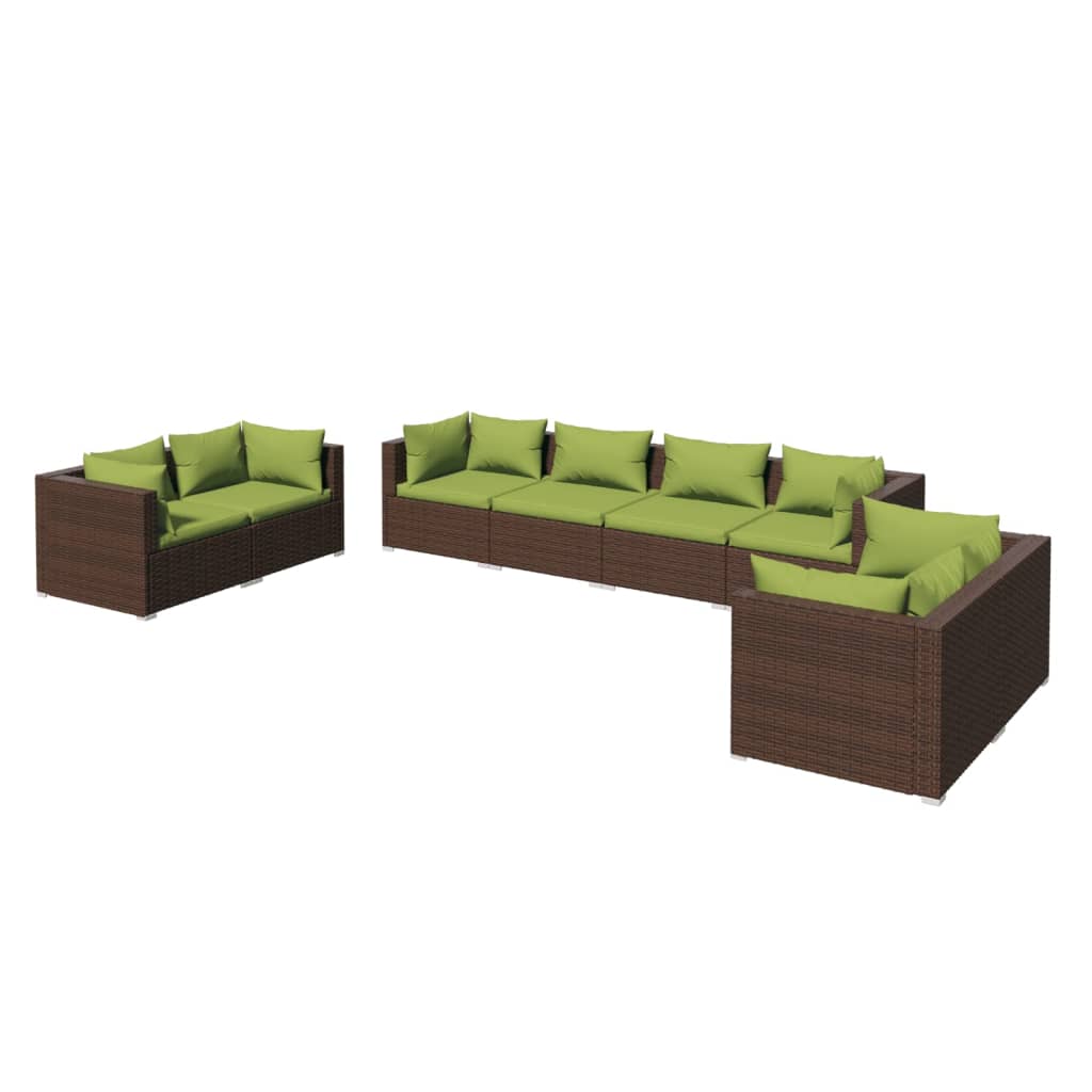 8-Delige Loungeset Met Kussens Poly Rattan Bruin 1 Bruin en groen 6x hoek + 2x midden