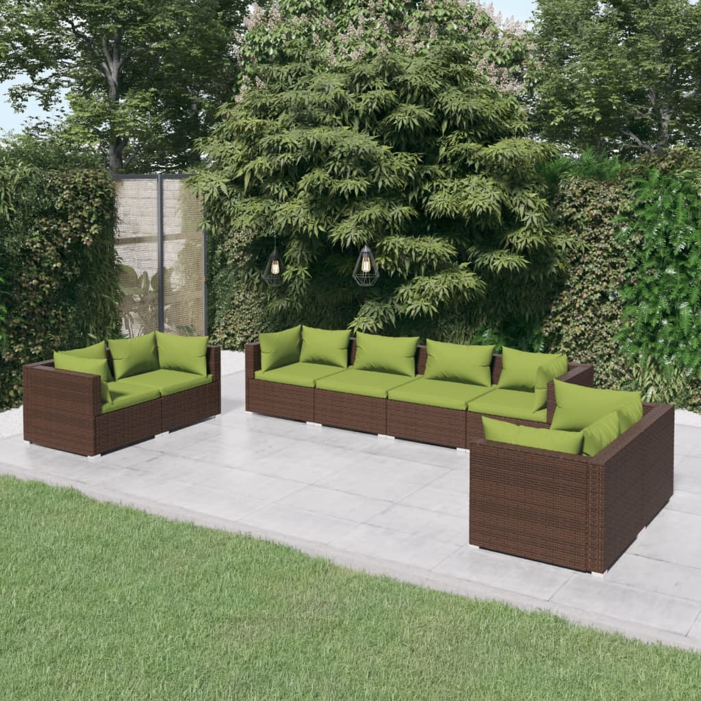 8-Delige Loungeset Met Kussens Poly Rattan Bruin 1 Bruin en groen 6x hoek + 2x midden