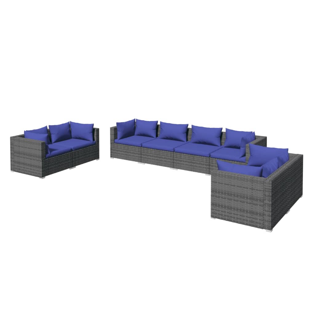 8-Delige Loungeset Met Kussens Poly Rattan Grijs 1 Grijs en donkerblauw 6x hoek + 2x midden