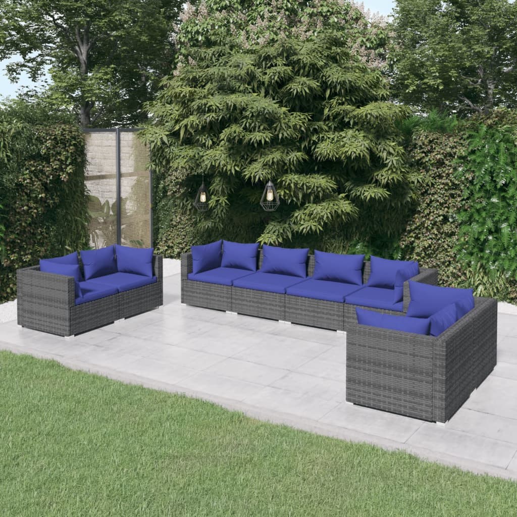 8-Delige Loungeset Met Kussens Poly Rattan Grijs 1 Grijs en donkerblauw 6x hoek + 2x midden