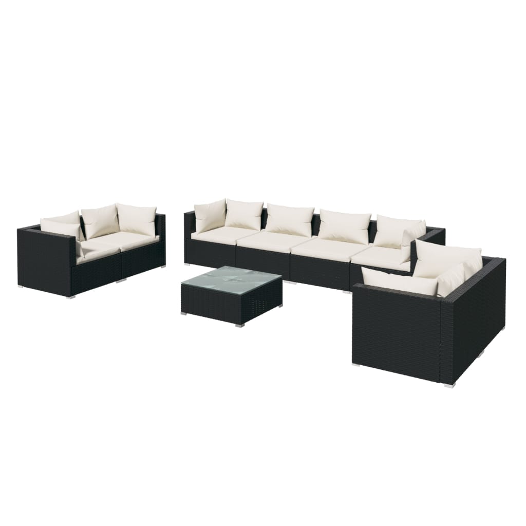 9-Delige Loungeset Met Kussens Poly Rattan Zwart 1 Zwart en crème 6x hoek + 2x midden + Tafel