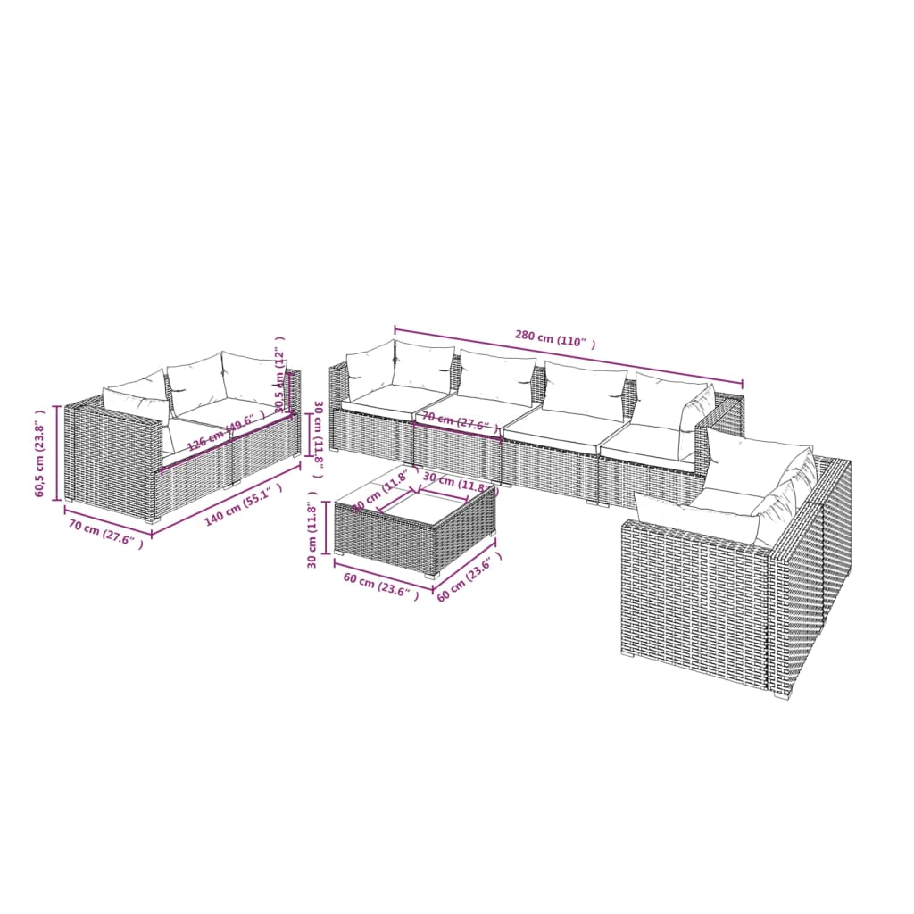 9-Delige Loungeset Met Kussens Poly Rattan Zwart 1 Zwart en crème 6x hoek + 2x midden + Tafel