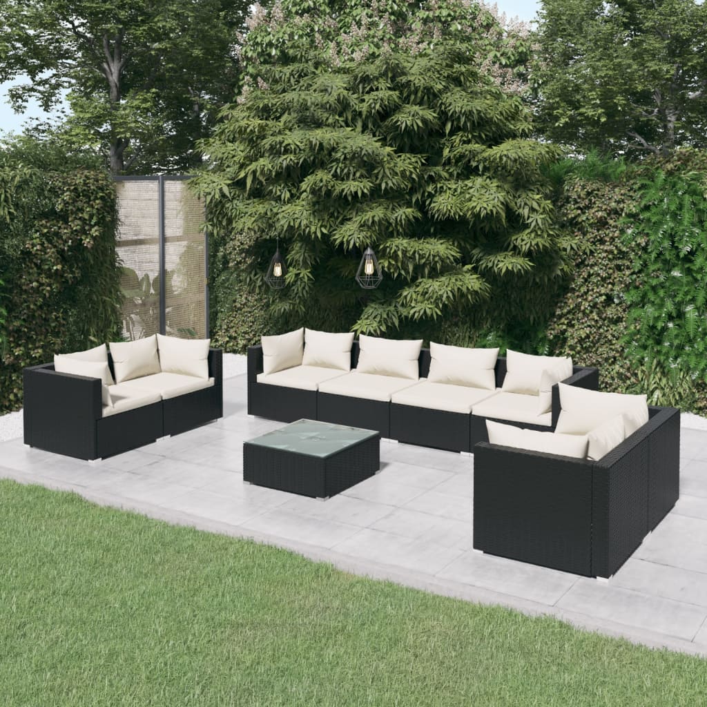 9-Delige Loungeset Met Kussens Poly Rattan Zwart 1 Zwart en crème 6x hoek + 2x midden + Tafel