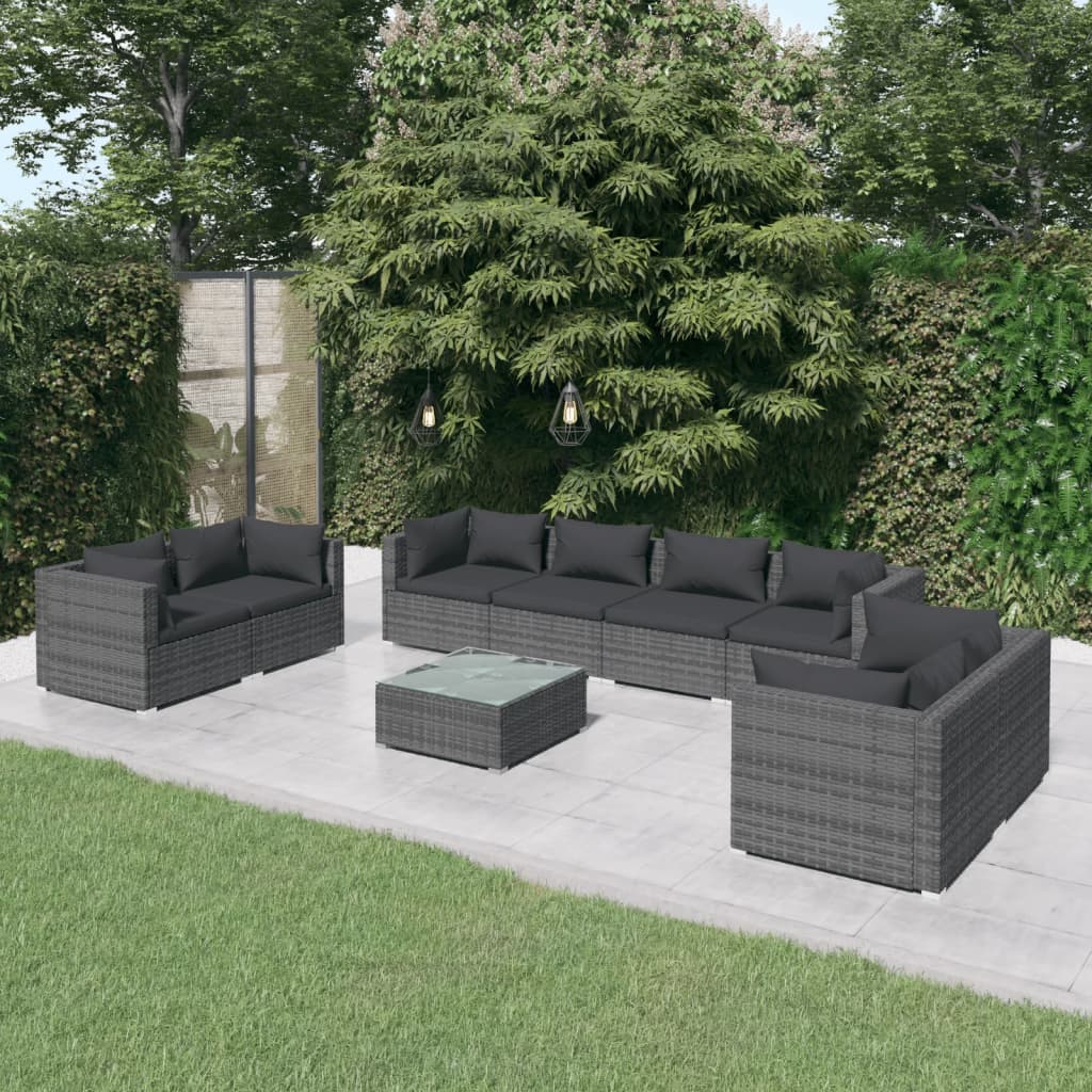 9-Delige Loungeset Met Kussens Poly Rattan Grijs 1 Grijs en antraciet 6x hoek + 2x midden + Tafel