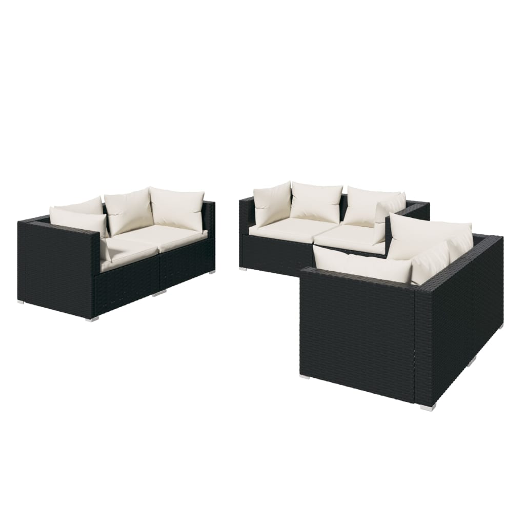 6-Delige Loungeset Met Kussens Poly Rattan Zwart 1 Zwart en crème 6x hoek