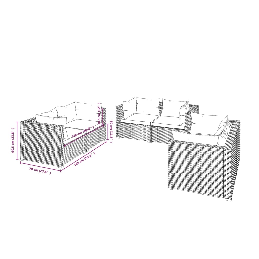 6-Delige Loungeset Met Kussens Poly Rattan Zwart 1 Zwart en crème 6x hoek