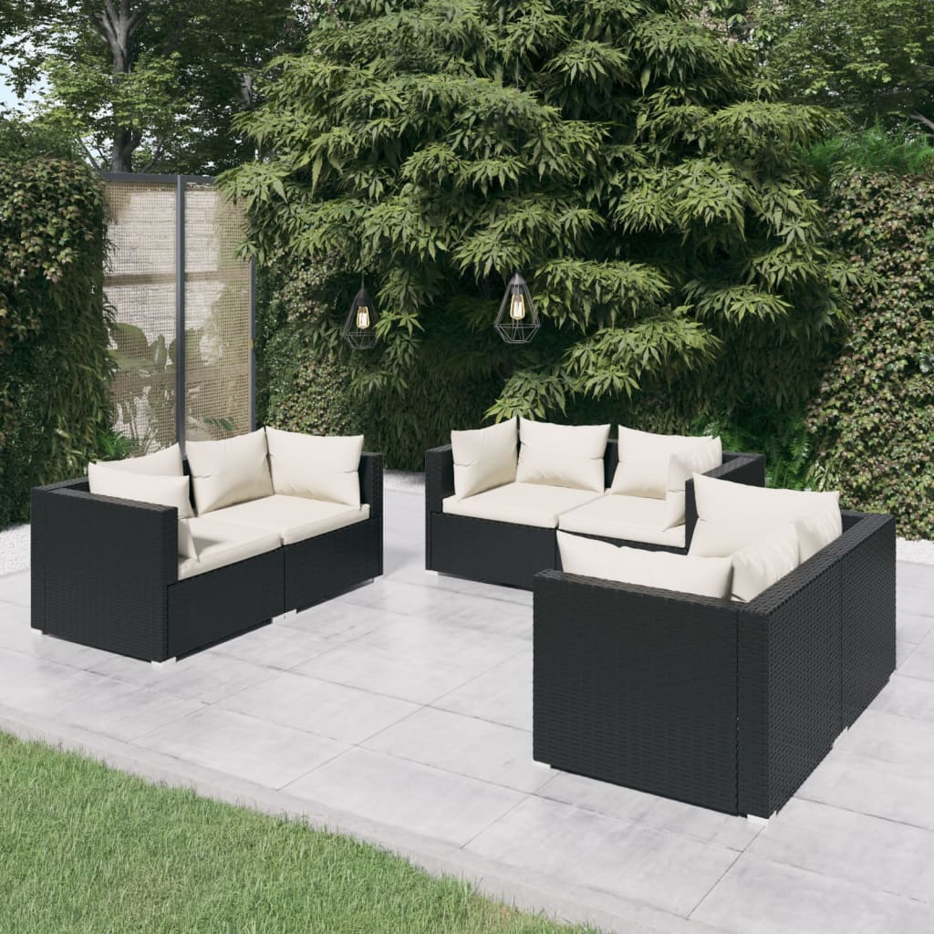 6-Delige Loungeset Met Kussens Poly Rattan Zwart 1 Zwart en crème 6x hoek