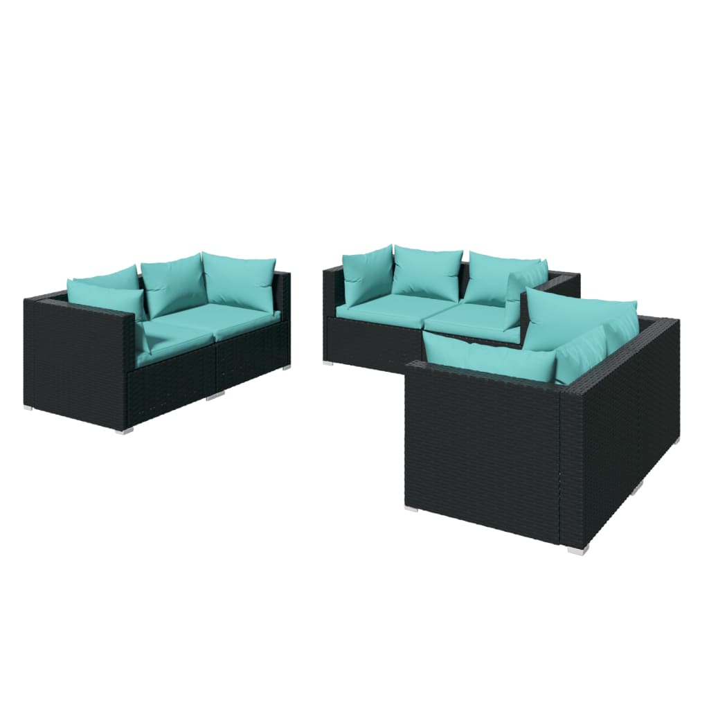 6-Delige Loungeset Met Kussens Poly Rattan Zwart 1 Zwart en waterblauw 6x hoek