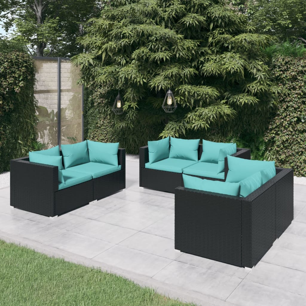 6-Delige Loungeset Met Kussens Poly Rattan Zwart 1 Zwart en waterblauw 6x hoek