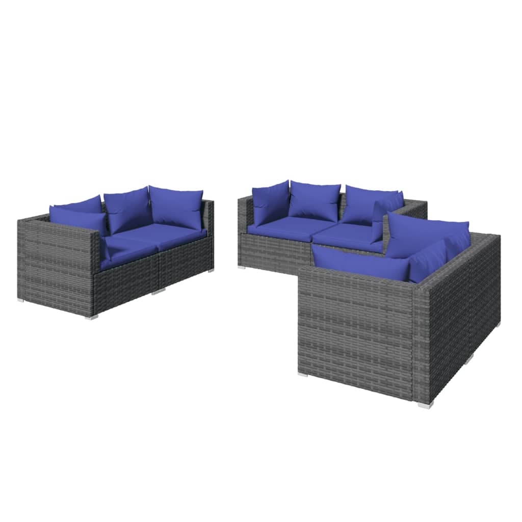 6-Delige Loungeset Met Kussens Poly Rattan Grijs 1 Grijs en donkerblauw 6x hoek