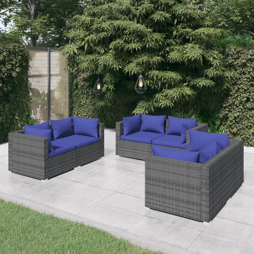 6-Delige Loungeset Met Kussens Poly Rattan Grijs 1 Grijs en donkerblauw 6x hoek