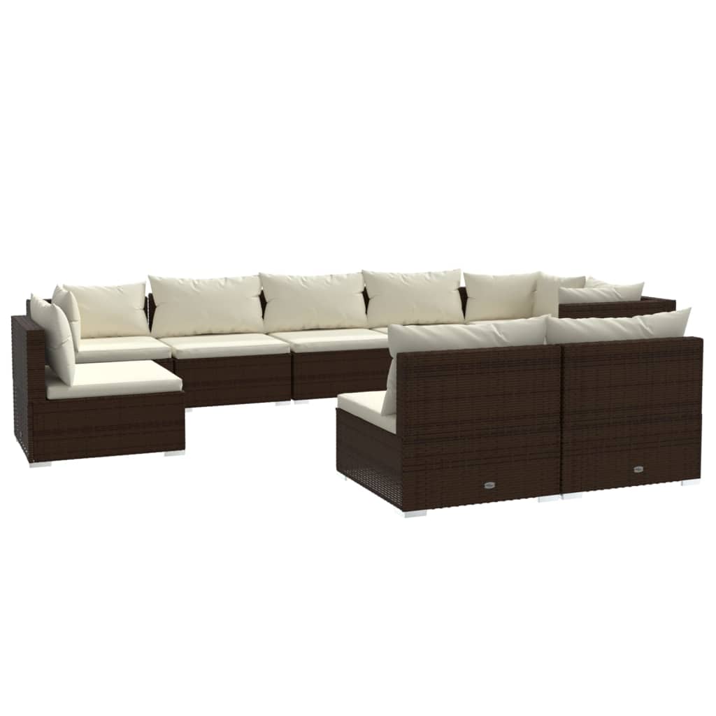 9-Delige Loungeset Met Kussens Poly Rattan Bruin 1 Bruin en crème 3x hoek + 6x midden