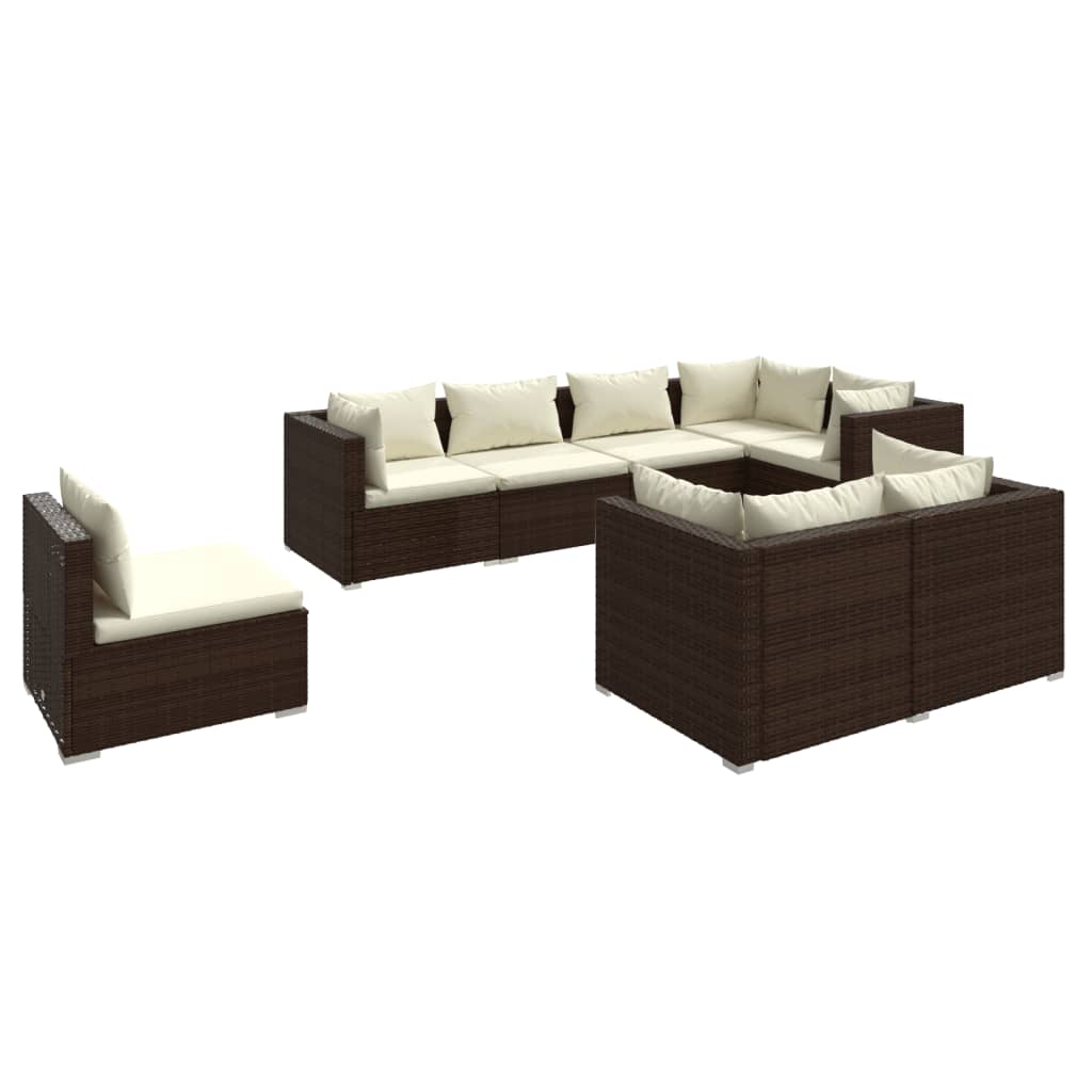 8-Delige Loungeset Met Kussens Poly Rattan Bruin 1 Bruin en crème 5x hoek + 3x midden